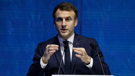 French President Emmanuel Macron delivers a speech during the High Level Segment session of the One Ocean Summit in Brest