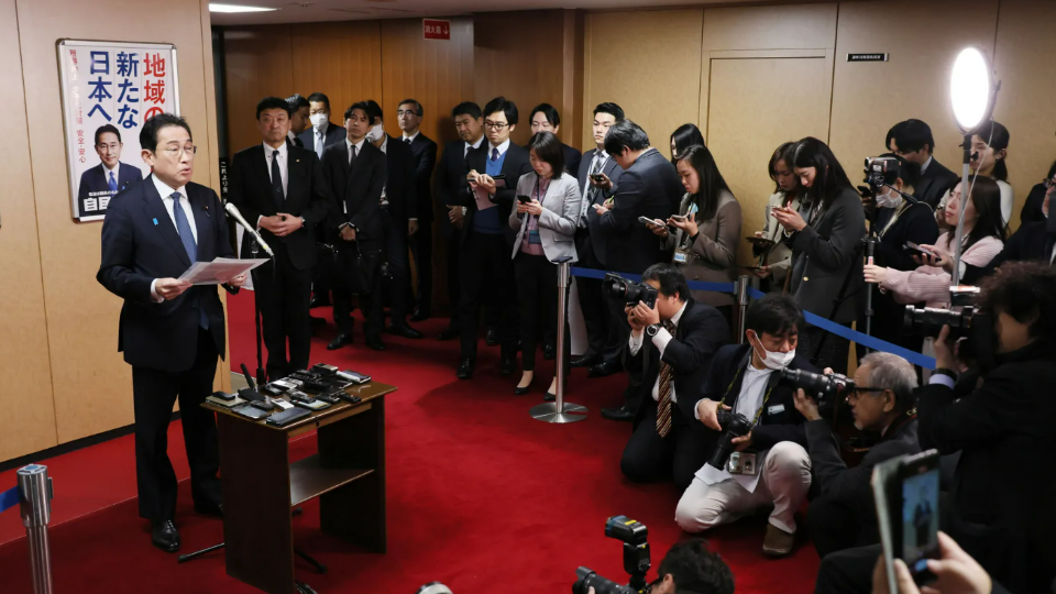 Fumio Kishida speaks to reporters in Tokyo