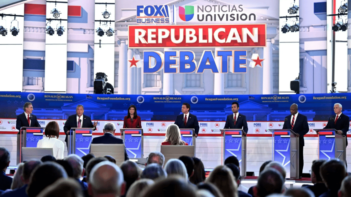 GOP primary candidates appear on stage during the FOX presidential primary debate at the Ronald Reagan Presidential Library