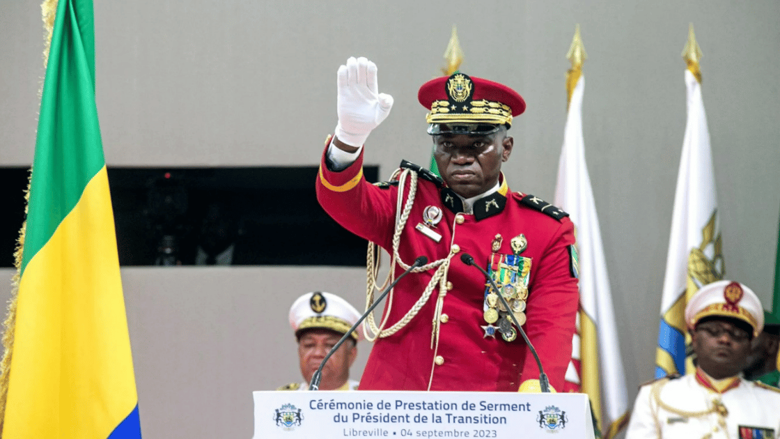 Gabon coup leader General Brice Oligui Nguema is sworn in as interim president during his swearing-in ceremony