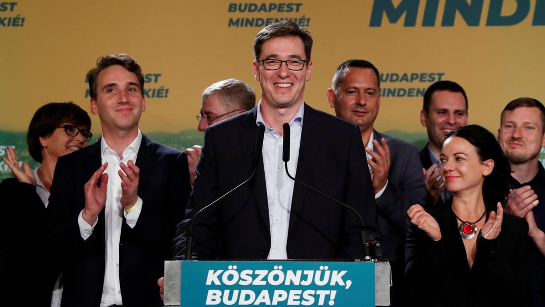 Gergely Karacsony, opposition parties' candidate delivers a statement after his victory after being elected Mayor of Budapest