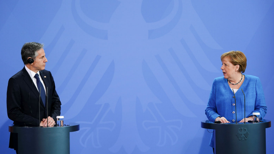 German Chancellor Angela Merkel and U.S. Secretary of State Antony Blinken hold a joint news conference at the Chancellery in Berlin