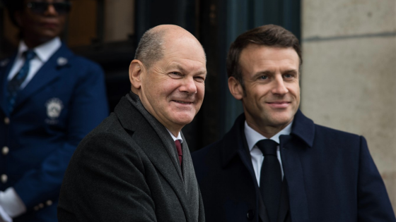 German Chancellor Olaf Scholz and French President Emmanuel Macron at the entrance of the Sorbonne during the Franco-German summit for the 60th anniversary of the Elysee Treaty