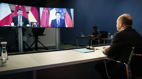 German Chancellor Olaf Scholz holds a video conference with French President Emmanuel Macron and Chinese President Xi Jinping