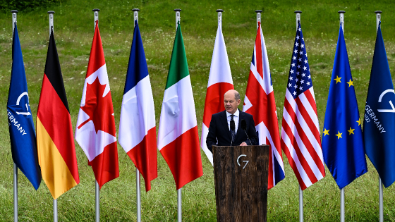 German Chancellor Olaf Scholz speaks at a press conference at the end of the G7 summit at Schloss Elmau