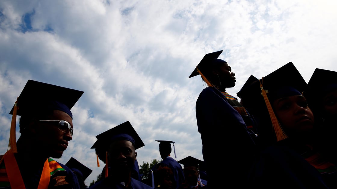 Graduates are seen before actor Chadwick Boseman addresses the 150th commencement ceremony at Howard University