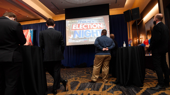 Guests watch election night results during a party for Tennessee Republican U.S. Senate candidate Bill Hagerty