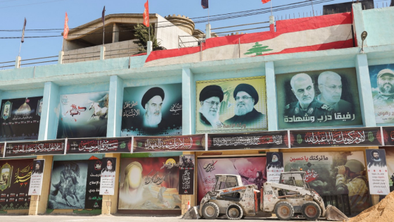 Hezbollah leader Sayyed Hassan Nasrallah and Iranian Supreme Leader Ayatollah Ali Khamenei is seen in the town of Yaroun