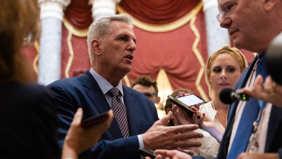 House Speaker Kevin McCarthy speaks with reporters