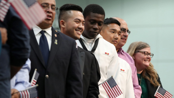 Immigrant members of the U.S. military attend a naturalization ceremony to become new U.S. citizens in Los Angeles