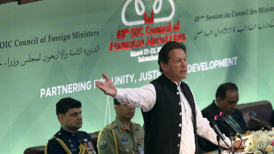 Imran Khan gives the keynote speech at the 48th meeting of the Organisation of Islamic Cooperation Council of Foreign Ministers