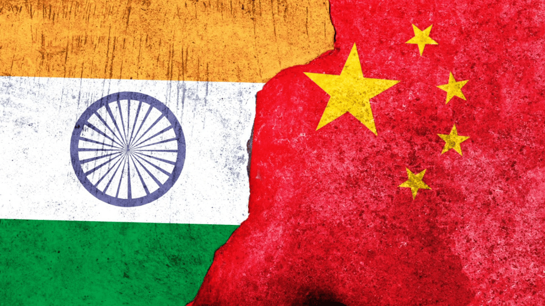 India and China flag with a crack in the middle