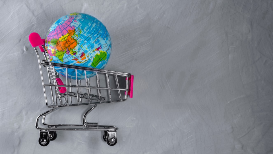 Inflated globe in toy shopping cart