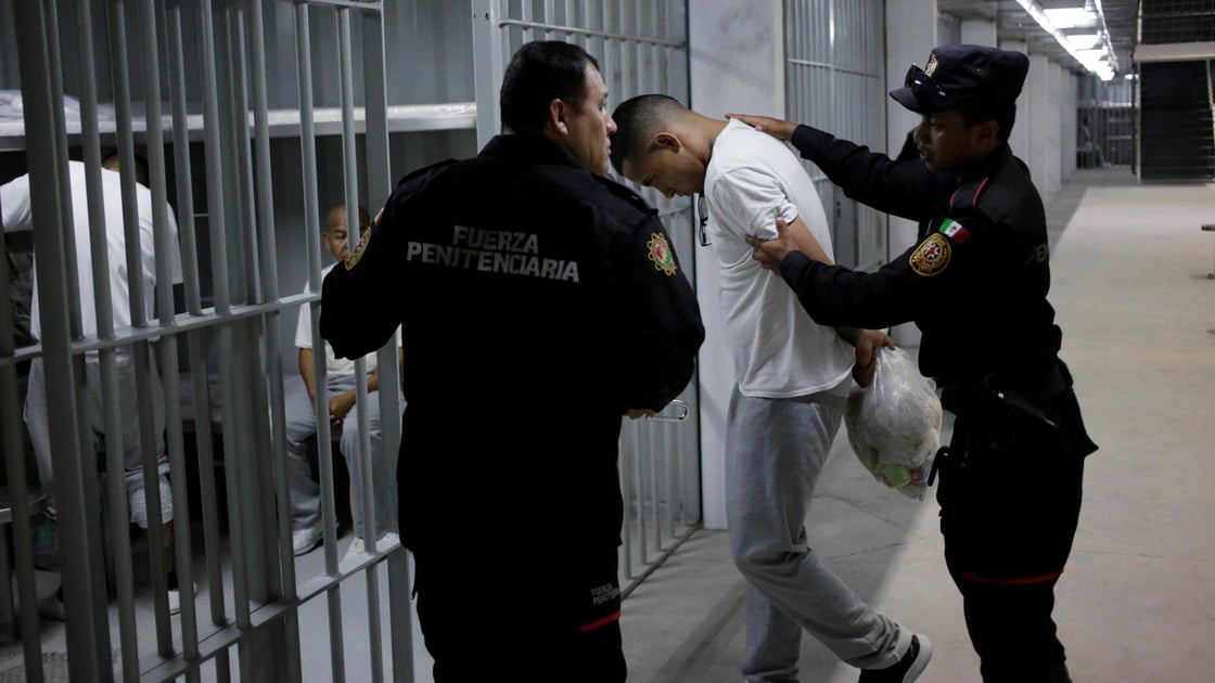 Inmates of the Topo Chico prison are pictured inside of a new prison in the municipality of Apodaca