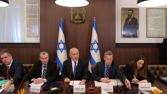 Israeli Prime Minister Benjamin Netanyahu, Justice Minister Yariv Levin, Foreign Minister Eli Cohen and cabinet secretary Yossi Fuchs attend the weekly cabinet meeting