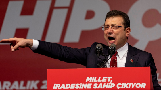 Istanbul Mayor Ekrem Imamoglu addresses his supporters during a rally to oppose his conviction and political ban