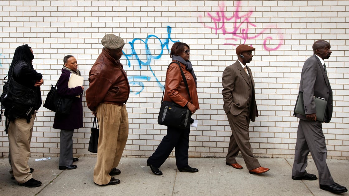 Jobseekers stand in line to attend the Dr. Martin Luther King Jr. career fair in New York