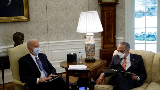 Joe Biden and Chuck Schumer at the White House discussing COVID relief