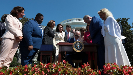 Joe Biden the CHIPS and Science Act of 2022 into law on the South Lawn of the White House