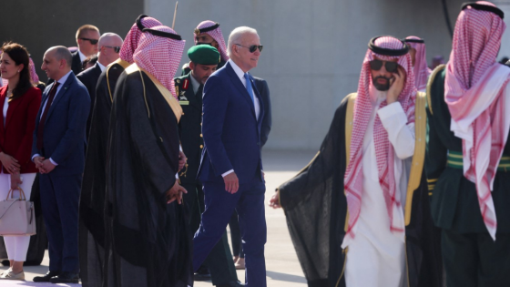 Joe Biden walks to board a plane at King Abdulaziz International Airport in Jeddah