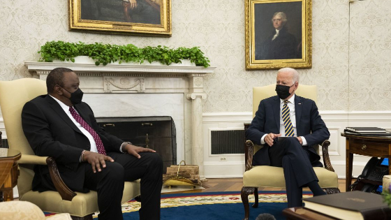 Joe Biden, meets with President Uhuru Kenyatta of Kenya, in the Oval Office of the White House in Washington.