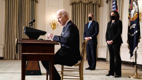 Joe Biden, John Kerry, and Kamala Harris at an event at the White House