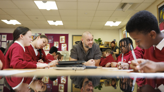 Jon Samuel with pupils from Primrose Hill Primary School in Salford