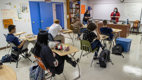 Junior students look on during literature class at the Piarist School in Hagerhill