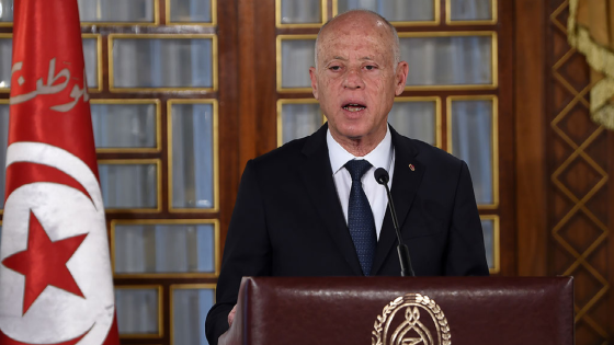 Kais Saied gives a speech at the governments swearing-in ceremony at the Carthage Palace outside the capital Tunis