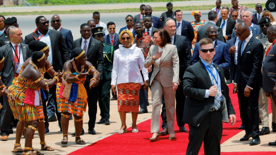 Kamala Harris arrives at the Kotoka International Airport to begin her trip to Ghana, Tanzania and Zambia