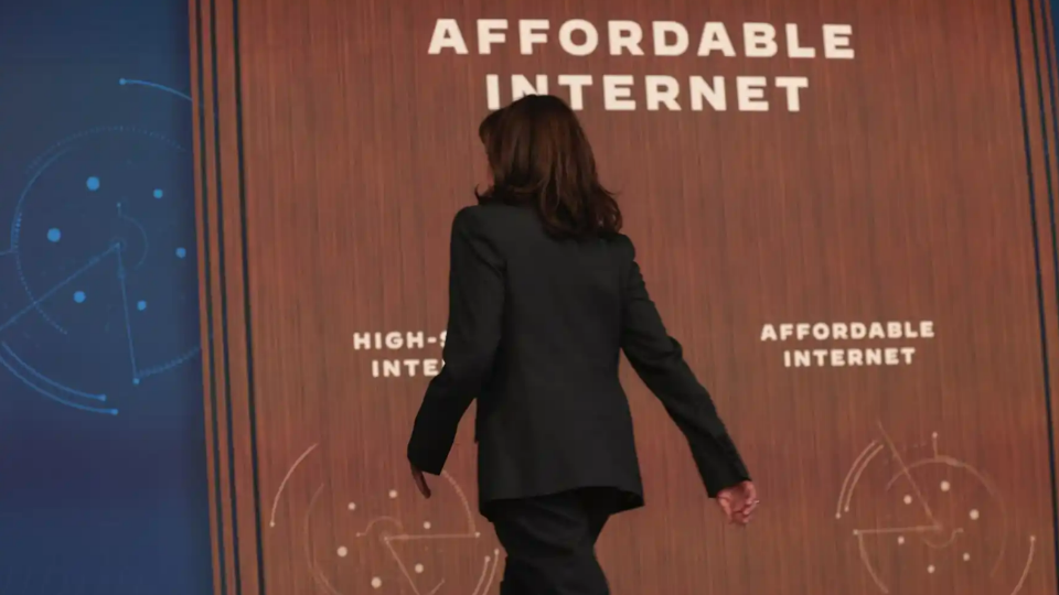 Kamala Harris departs after speaking during an event announcing that more than 10 million households are enrolled in the Affordable Connectivity Program