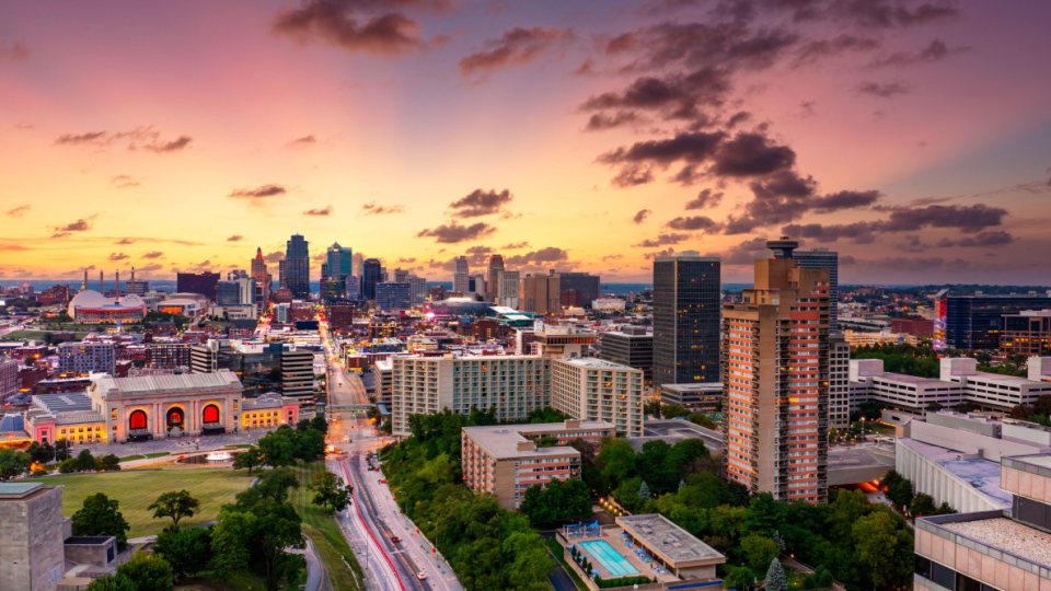 Kansas City skyline at dusk, viewed from Penn Valley Park.