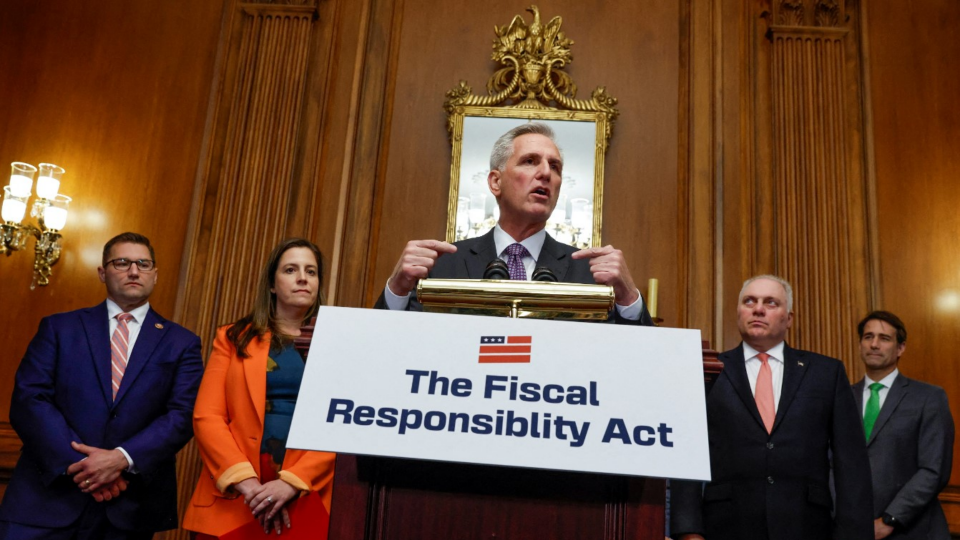 Kevin McCarthy speaks during a press conference accompanied by House Republican leadership