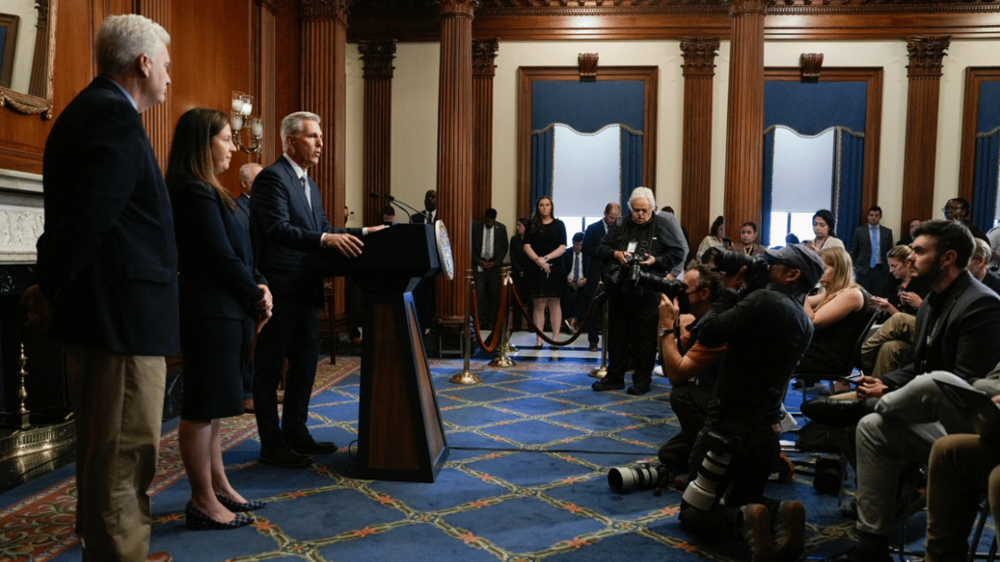 Kevin McCarthy speaks to reporters in the U.S. Capitol after the House of Representatives passed a stopgap government funding bill