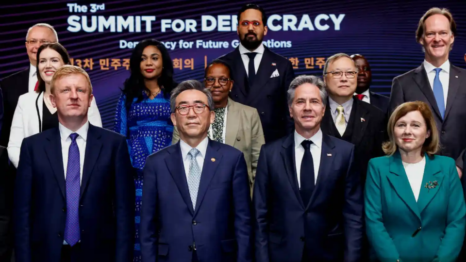 Leaders from global democracies pose for a photo at the Summit for Democracy in Seoul