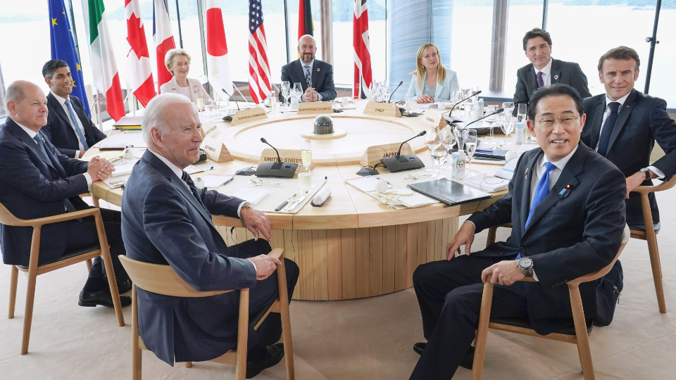 Leaders of the Group of Seven industrialized economies attend the first day of their three-day summit on May 19, 2023, in the western Japan city of Hiroshima.