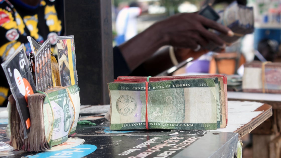 Liberian banknotes are pictured at a money changer stand in Monrovia