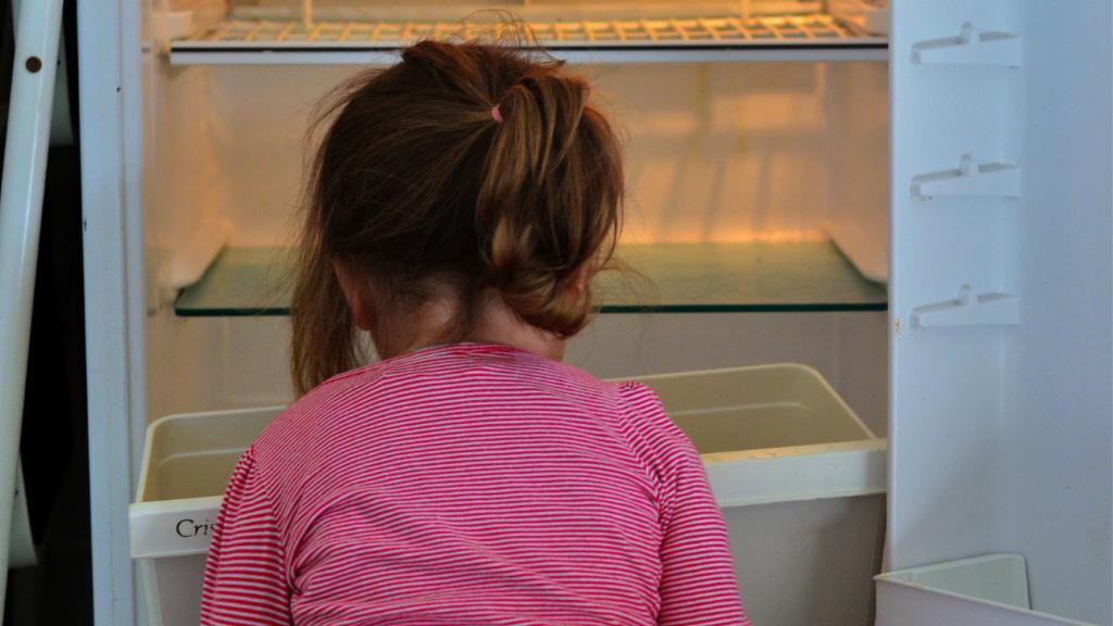 Little girl looking through empty fridge