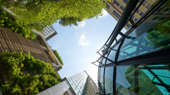 Low angle shot of modern glass buildings and green with clear sky background