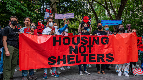 Members of a NYC homeless advocacy coalition staged a direct action on July 29, 2021 outside NYC City Hall