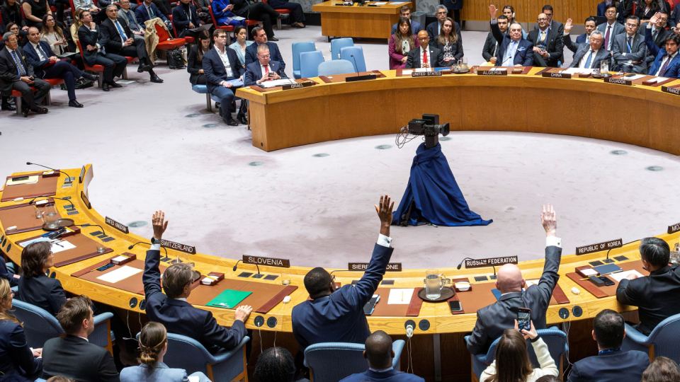 Members of the Security Council vote on a resolution regarding Palestinian U.N. membership during a Security Council at U.N. headquarters in New York City, New York, U.S., April 18, 2024. REUTERS_Eduardo Munoz