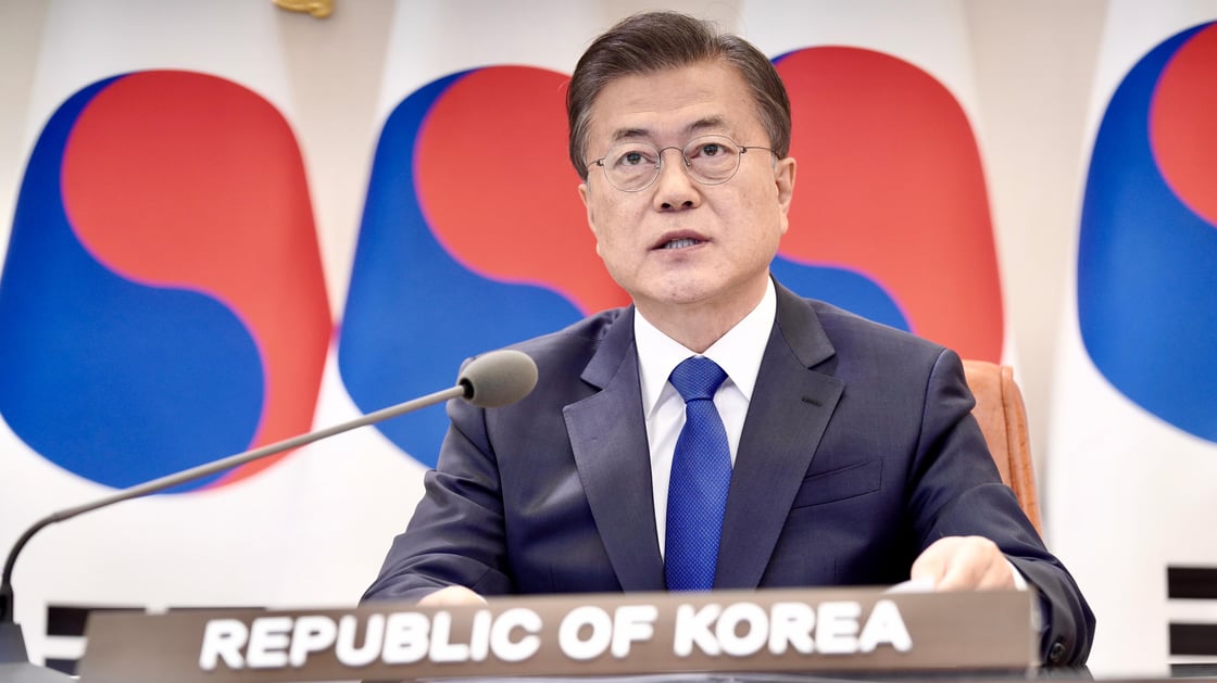 Moon Jae-in during a conference call with senior officials