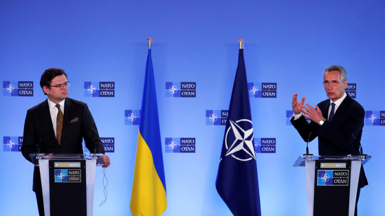 NATO Secretary General Jens Stoltenberg and Ukrainian Foreign Minister Dmytro Kuleba give a press conference in Brussels