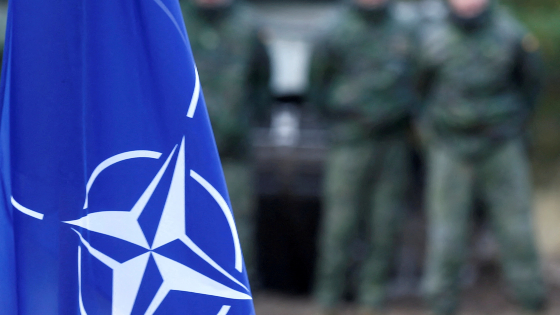 NATO flag is seen during NATO enhanced Forward Presence battle group military exercise Silver Arrow in Adazi