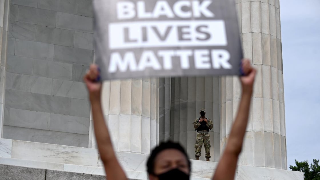 National Guard member stands at Lincoln Memorial during a protest against racial inequality in the aftermath of the death in Minneapolis police custody of George Floyd