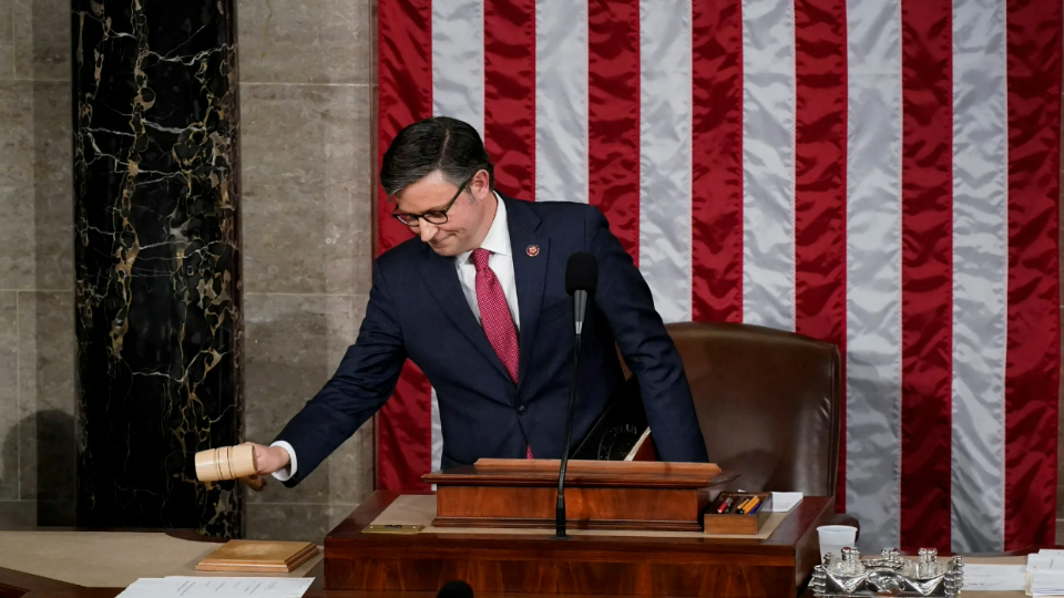 Newly elected Speaker of the House Mike Johnson picks up the Speakers gavel