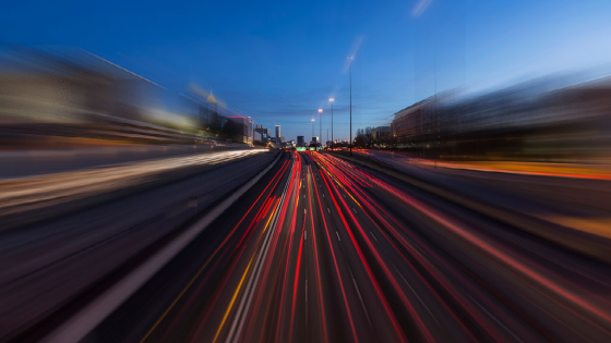 Night view of Interstate 75 and 85 freeways with motion blur near downtown Atlanta