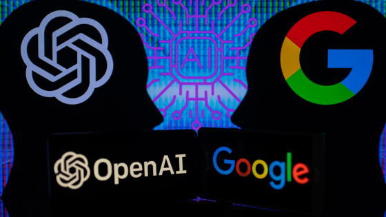 OpenAI ChatGPT and Google Bard representations displayed opposite each other