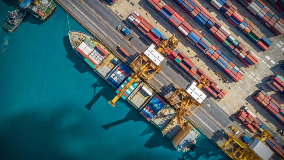 Overhead view of a shipping container facility.