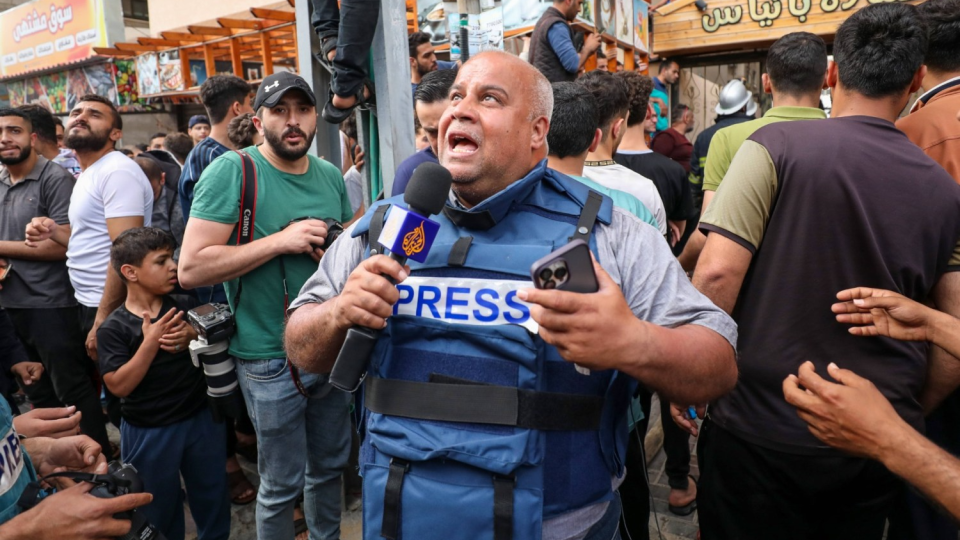 Palestinian journalists cover the conflict between Islamic Jihad movement and Israel in Gaza city in May 2023. 